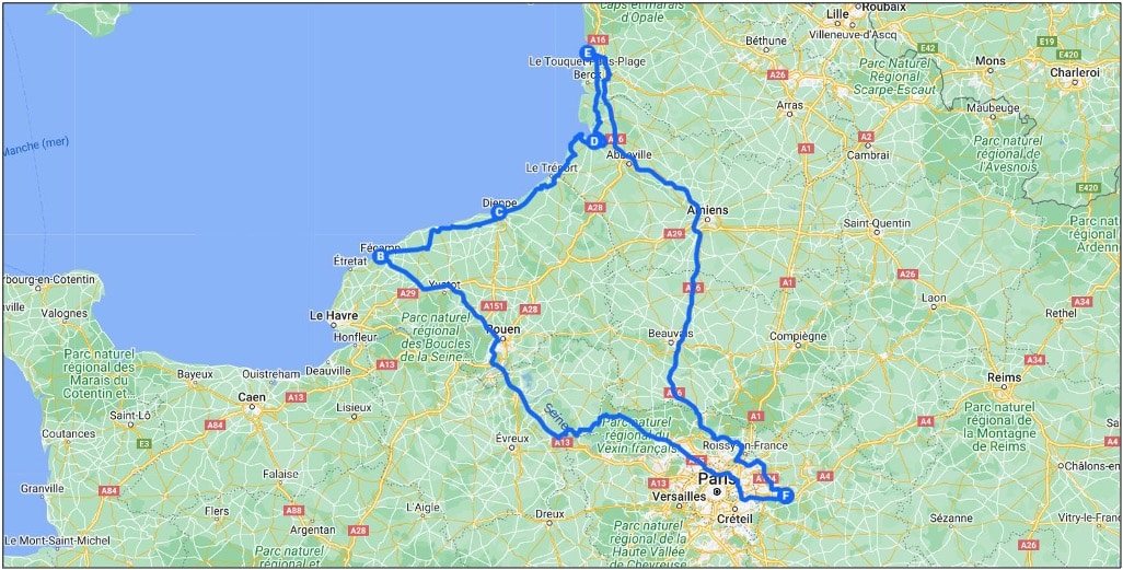 carte itinéraire 1 paris road trip van normandie picardie