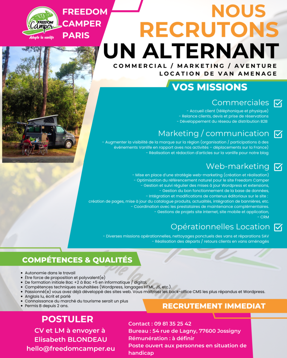 Freedom Camper Paris recherche un alternant pour 2024/2025